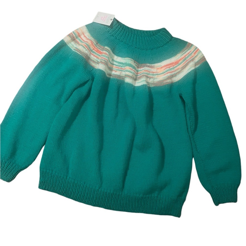 Vintage crewneck sweater with rainbow like neckline fun green ladies M